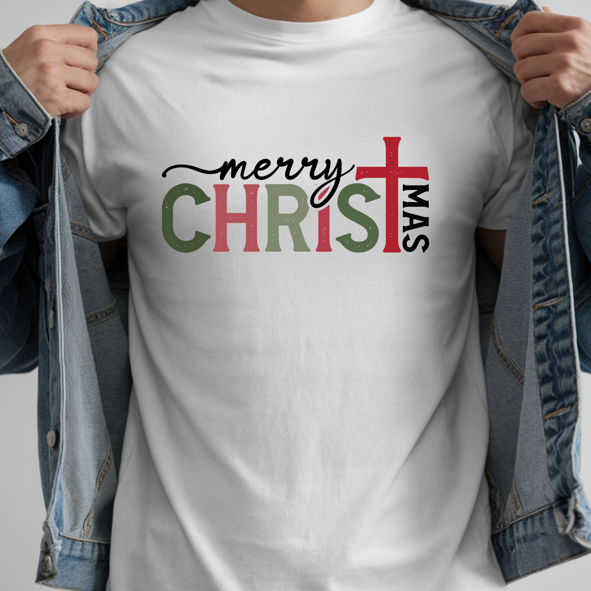 TRICOU ALB UNISEX "MERRY CHRISTMAS CROSS"