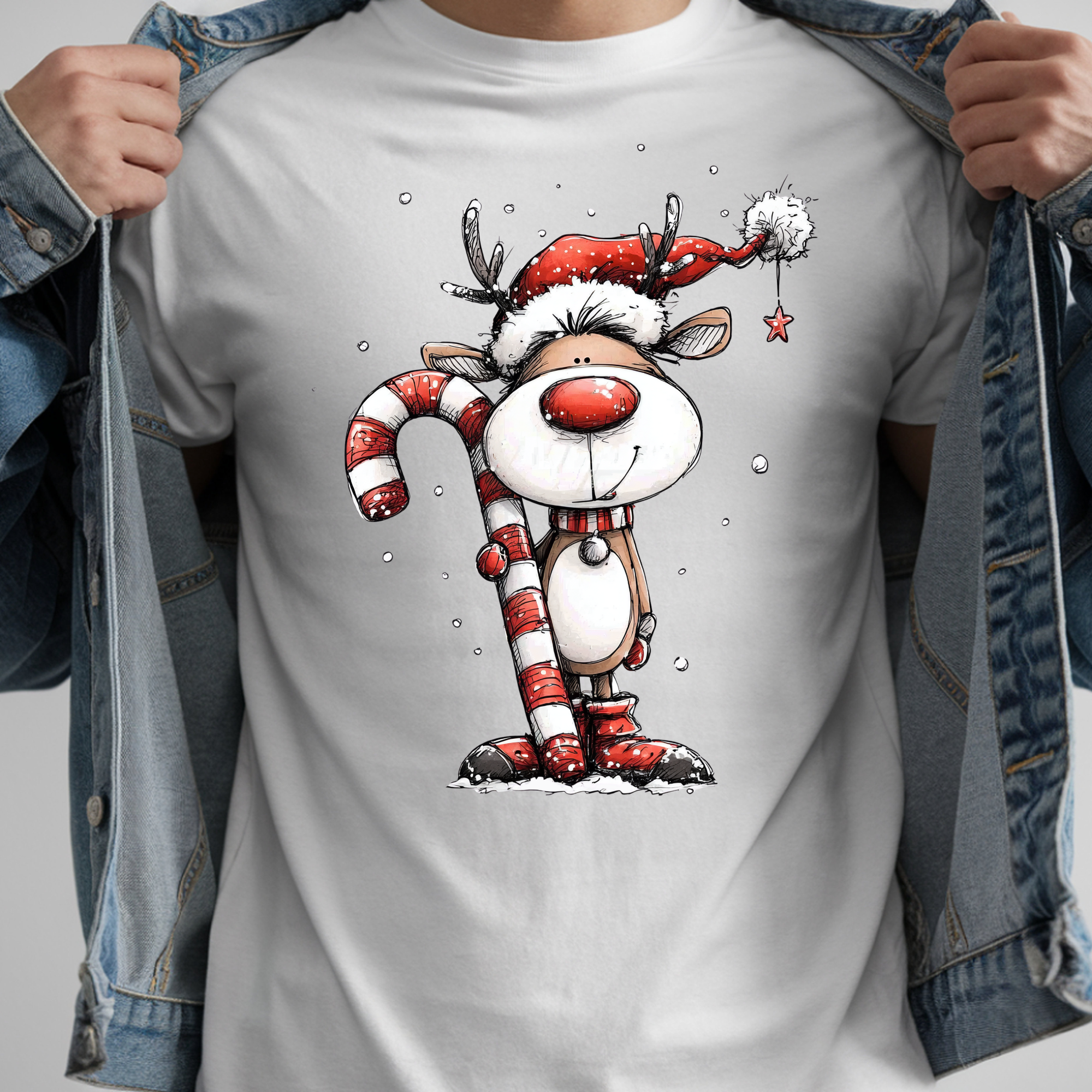 TRICOU ALB UNISEX "CANDY CANE REINDEER"