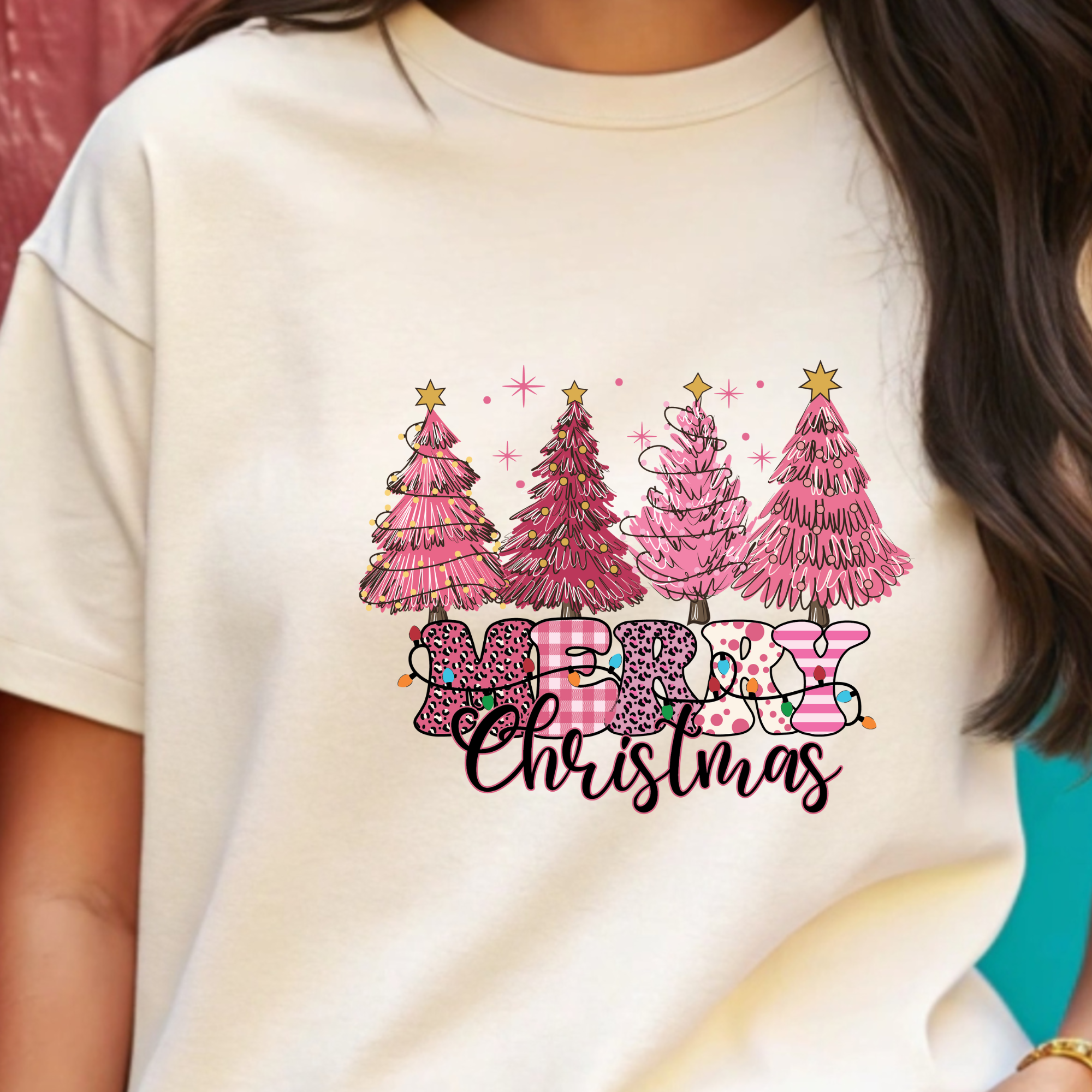 TRICOU ALB "PINK TREES MERRY CHRISTMAS"