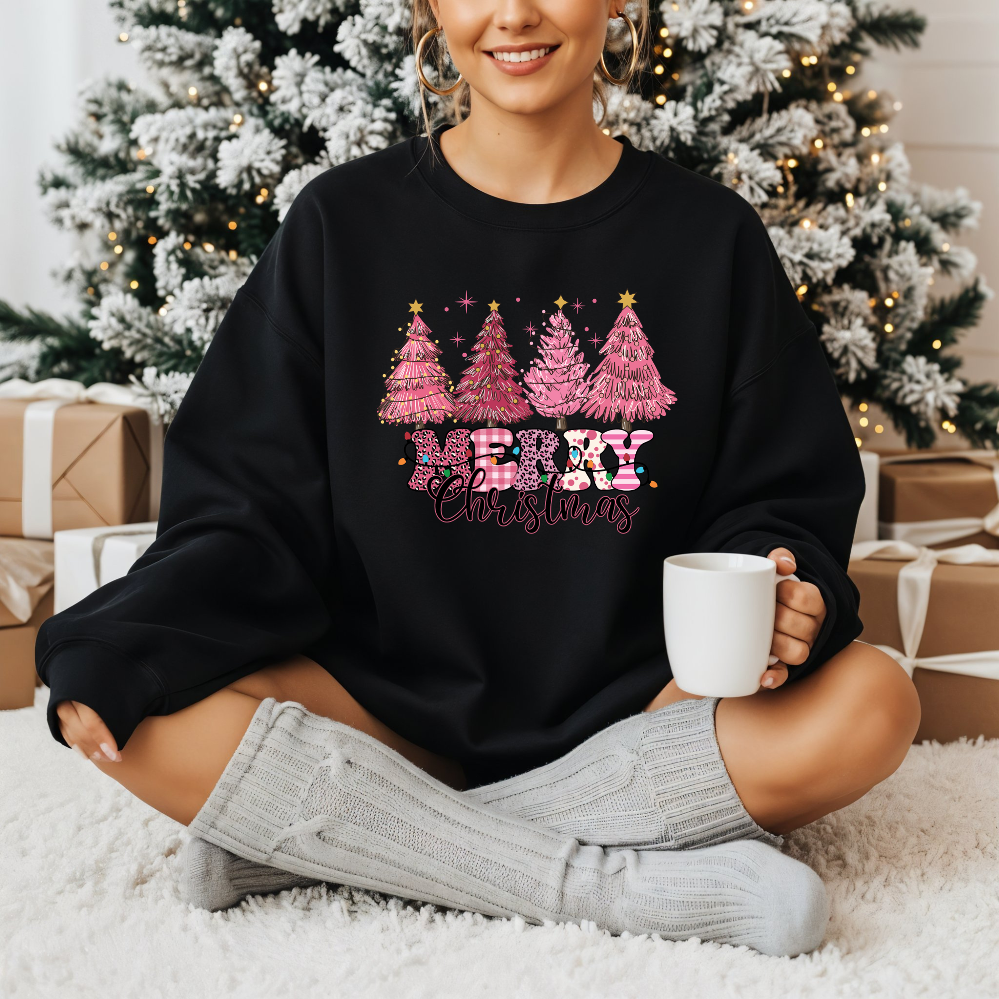 BLUZA NEAGRA "PINK TREES MERRY CHRISTMAS"