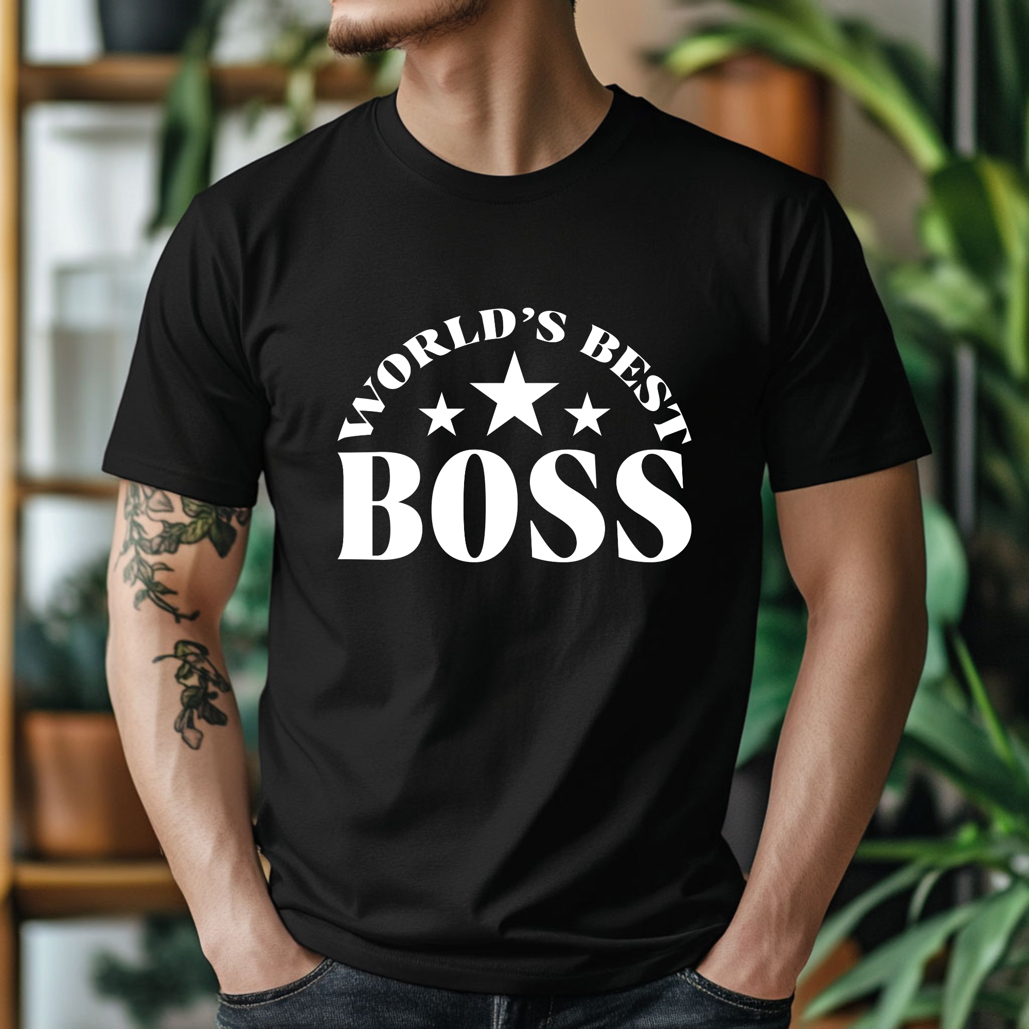 TRICOU NEGRU UNISEX "WORLD'S BEST BOSS" PRINT ALB