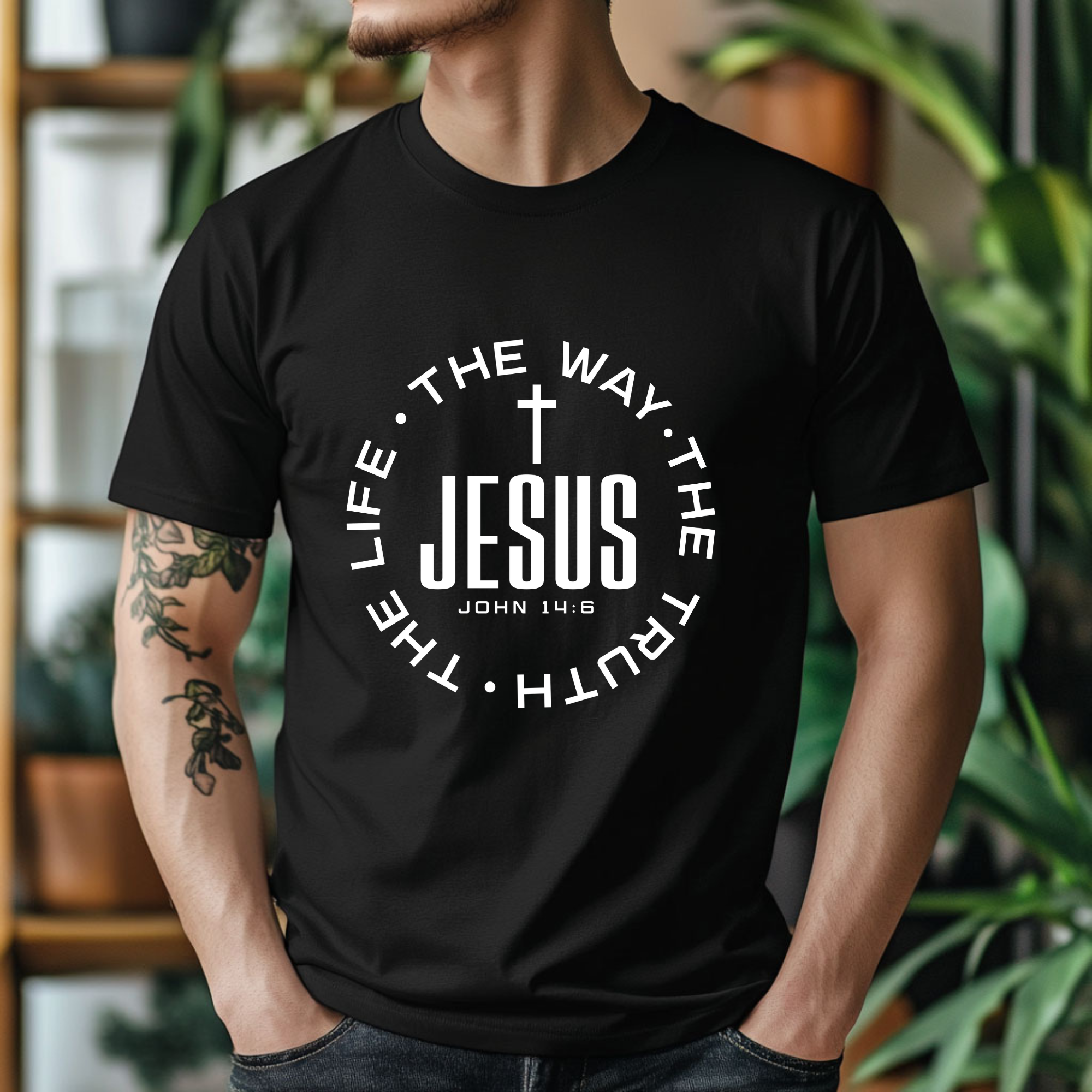 TRICOU NEGRU BUMBAC "JESUS IS THE WAY, THE TRUTH, THE LIFE"