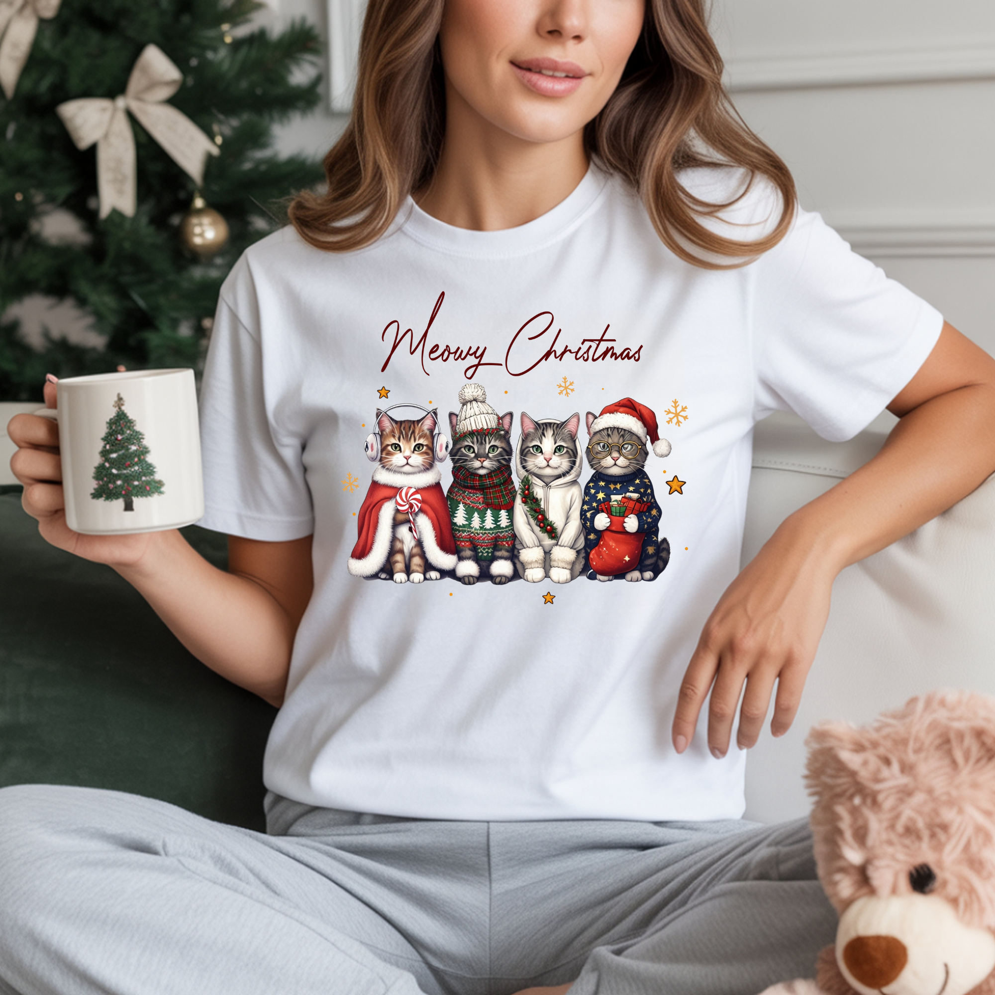TRICOU ALB "MERRY CATMAS" PREMIUM