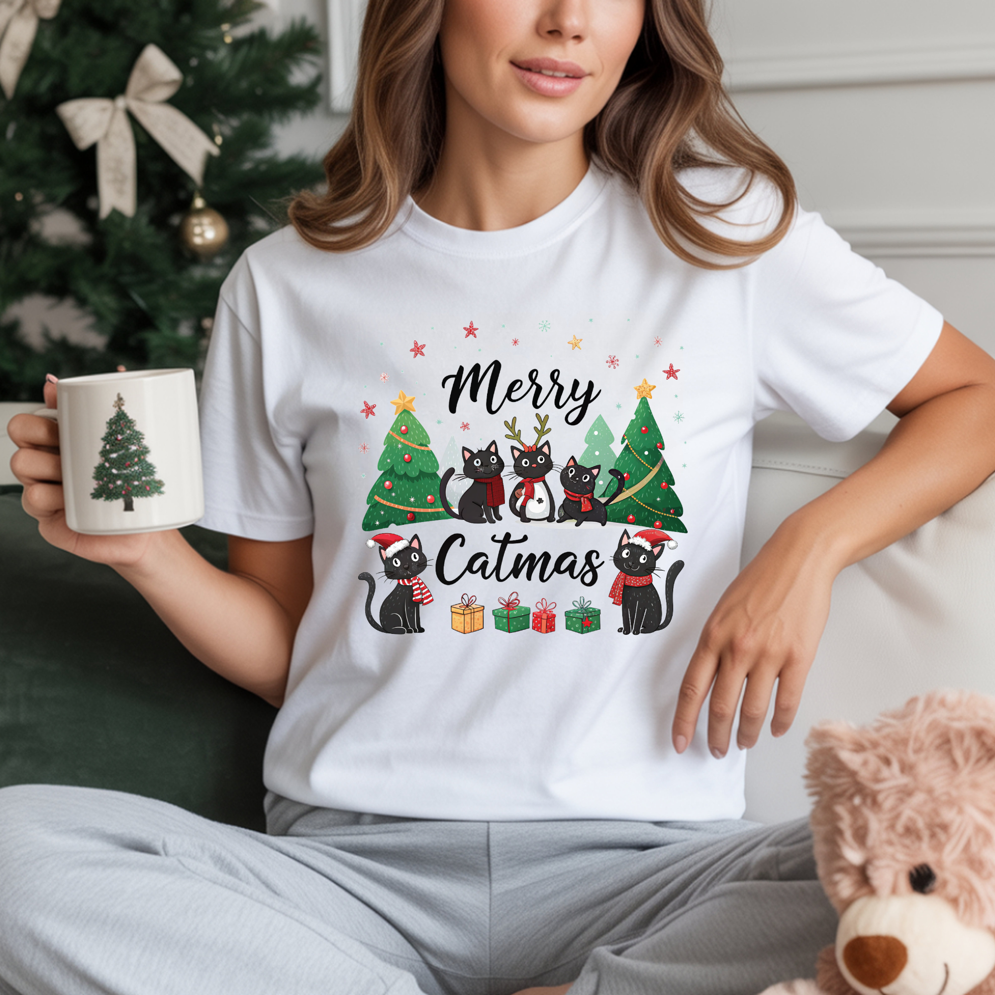TRICOU ALB "MERRY CATMAS" PREMIUM