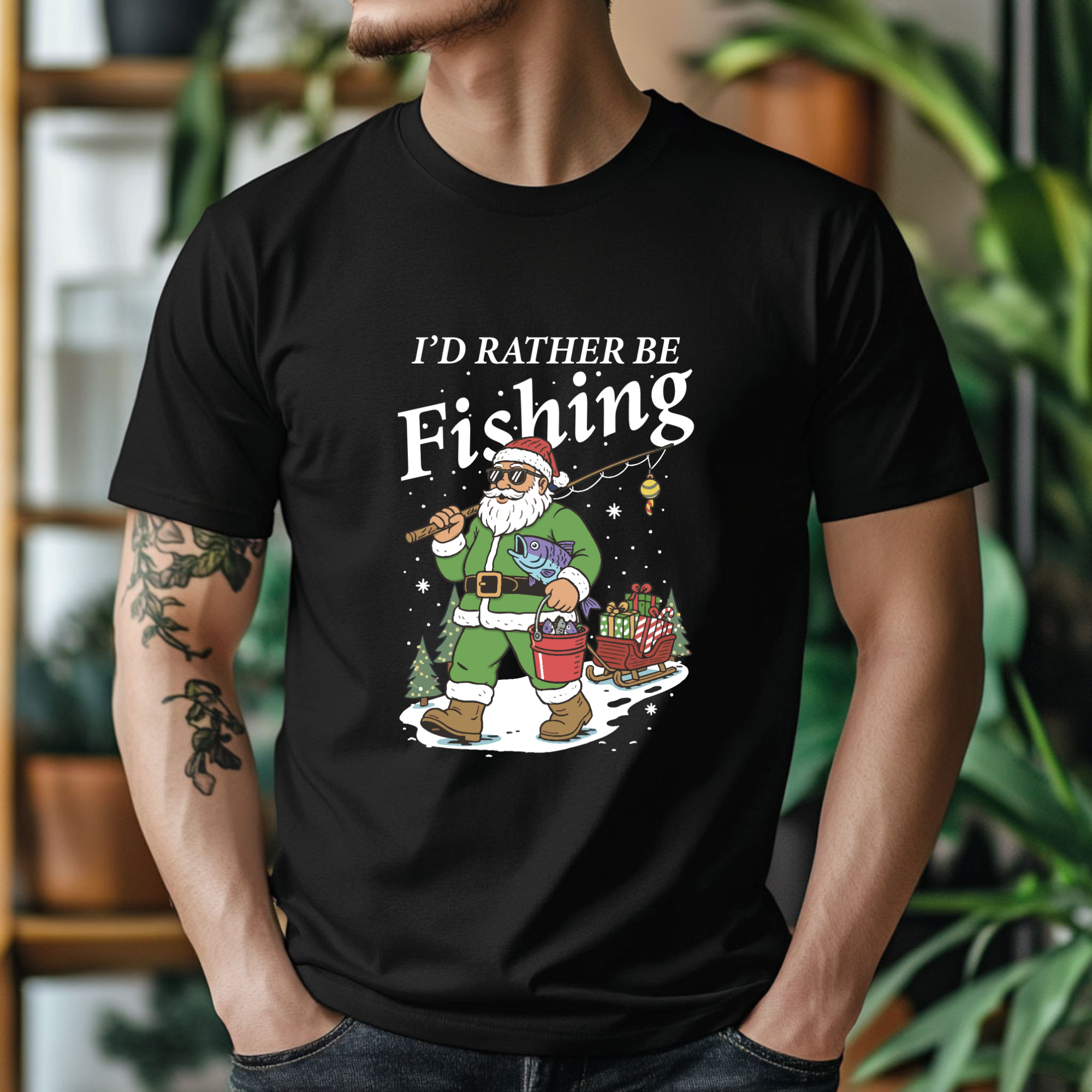 TRICOU NEGRU "FISHING SANTA" PREMIUM