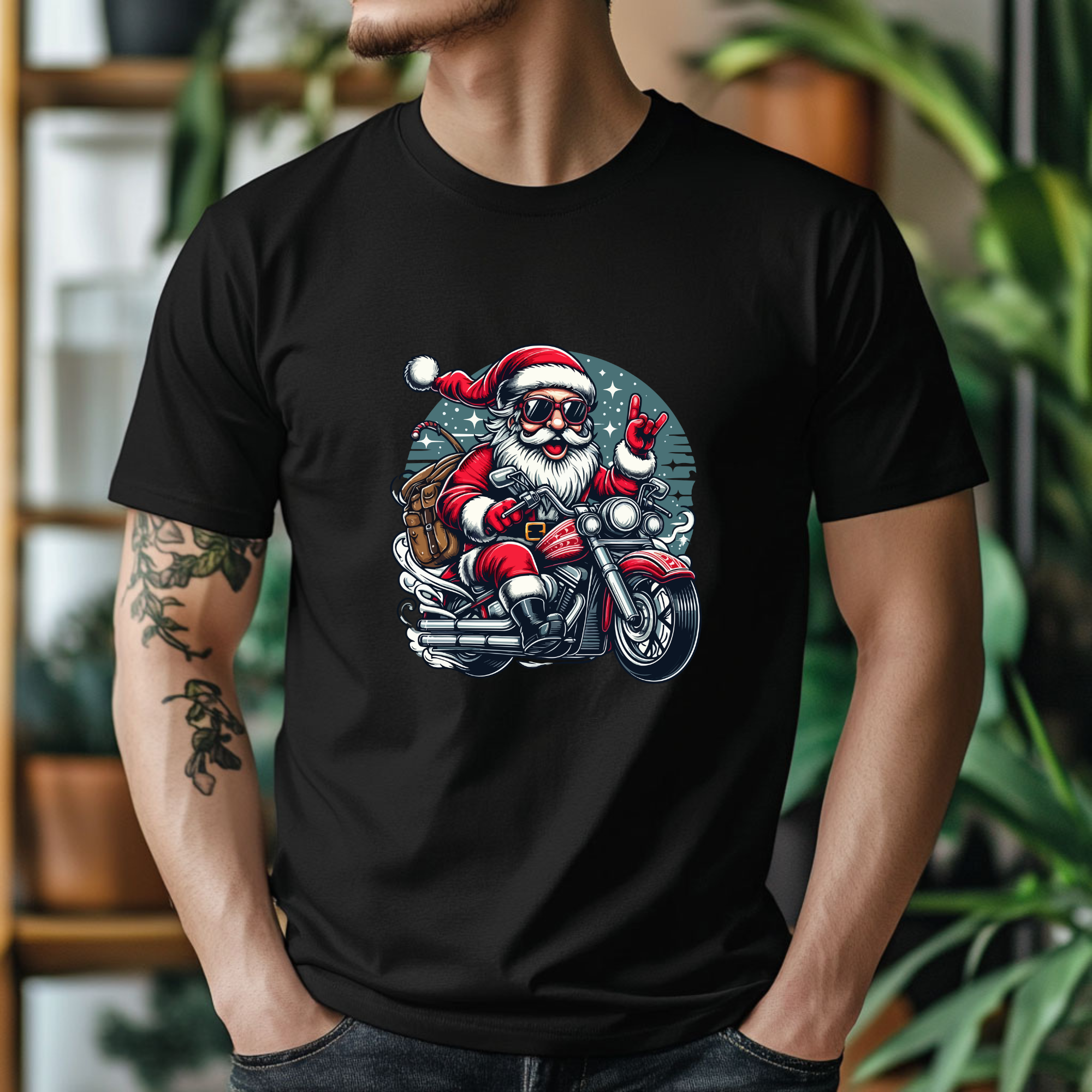 TRICOU NEGRU "SANTA ON BIKE" PREMIUM