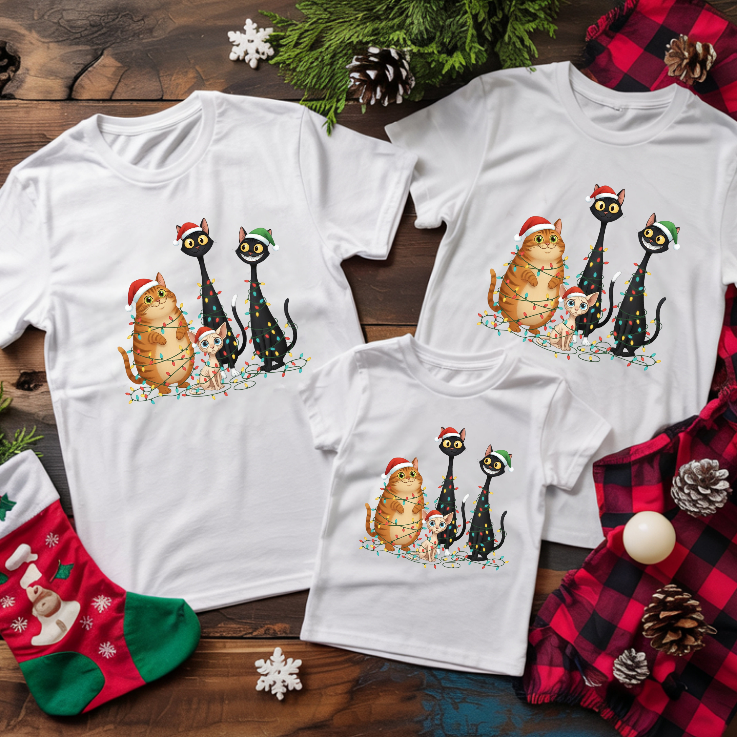 SET 3 TRICOURI "FESTIVE CATS" ( 2 TRICOURI ADULT + 1 TRICOU COPIL)